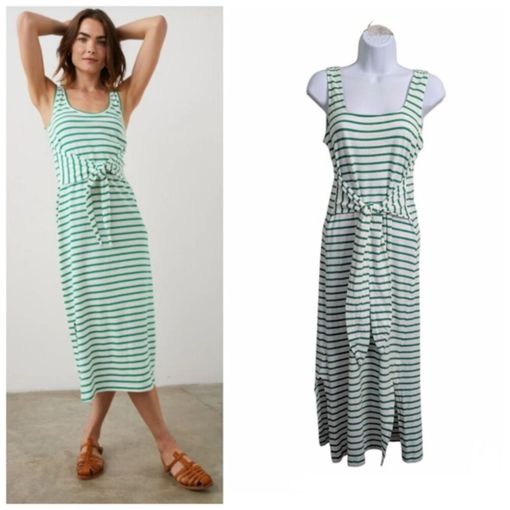 Rails Meg Sailor Stripe Midi Tank Dress Sz M Front Tie Waist Green Summer Casual